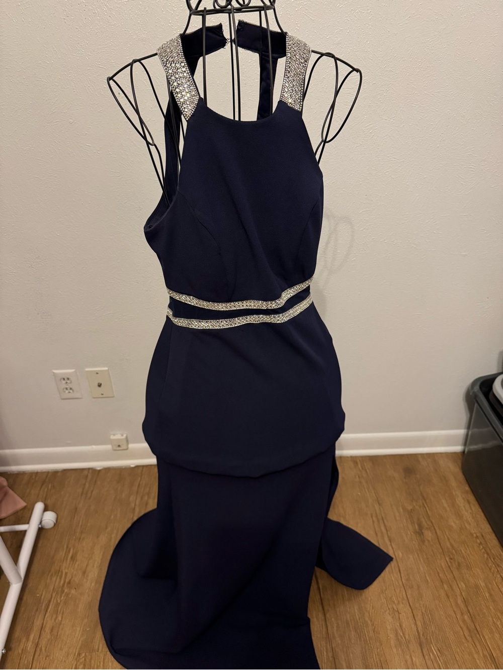My Michelle Navy Halter Prom Dress with Silver Beaded Accents